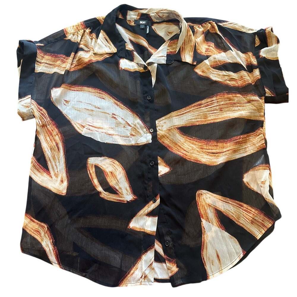 DKNY Sheer Abstract Print Button Front Blouse Women's Large Black Tan